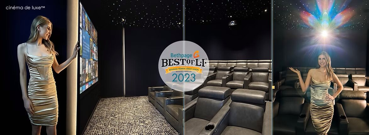 Woman in a gold dress stands in a modern home theater, featuring recliner seats and a large screen with "Best of LI 2023" award.