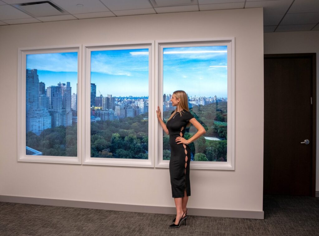 A woman stands by large windows overlooking a city skyline and a park with trees under a blue sky.