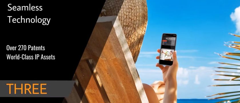 Person relaxing on a wooden lounge chair by the beach, holding a smartphone; text highlights patents and IP assets.