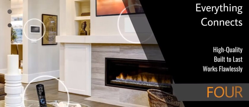 Modern living room with a wall-mounted fireplace, built-in shelves, decor, and a TV, alongside marketing text overlay.