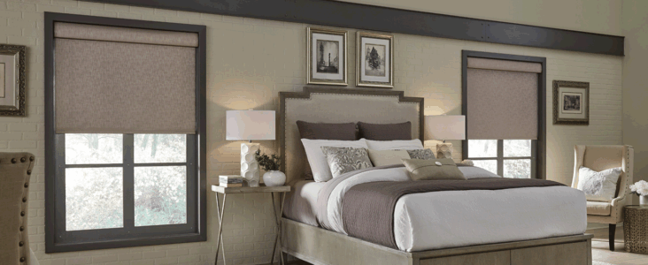 Bedroom with a neatly made bed, two windows with roller blinds, neutral decor, and framed art on the wall.