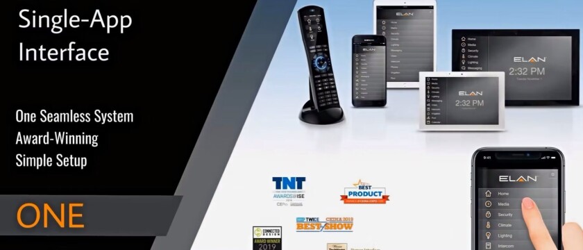 A variety of smart home control devices are displayed alongside award logos and the text "Single-App Interface.