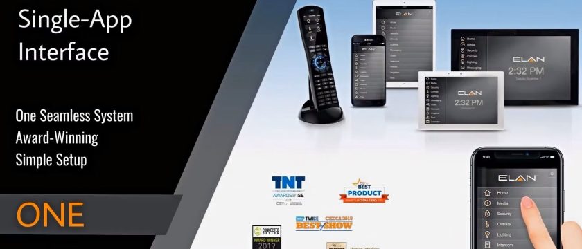 A variety of smart home control devices are displayed alongside award logos and the text "Single-App Interface.