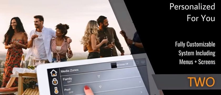 A group of people socializing outdoors, with a smart home control panel interface displayed in the foreground.