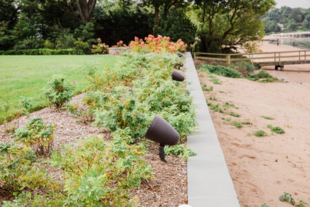 Garden bed with green shrubs and angled landscape lights next to a sandy area and wooden fence.