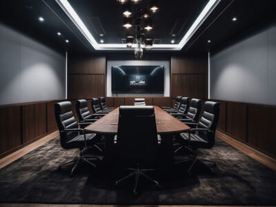 A modern conference room with a long wooden table, black chairs, large monitor, and dim lighting.