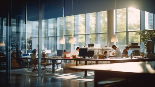 Open office space with large windows, desks, computers, office supplies, and people working in a modern, well-lit environment.