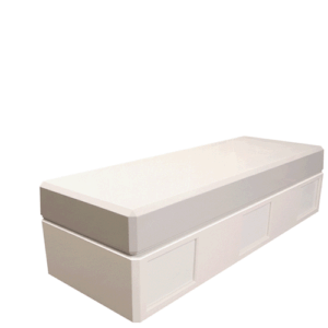 A white coffin opens to reveal a pink interior, showing five flower arrangements inside.