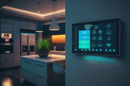 A smart home control panel with illuminated icons is mounted on a wall in a modern kitchen with contemporary lighting.